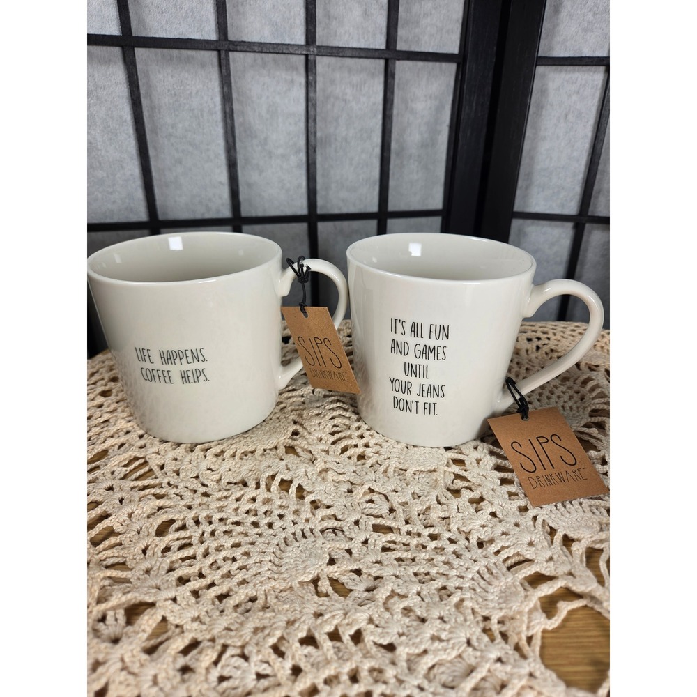 Sips Drinkware Coffee Mug Set of 2 Life Happens Jeans Dont Fit Cream New